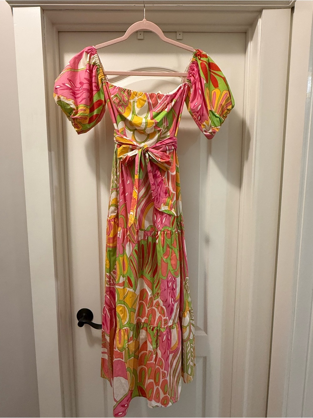 Pink & Green Floral Puff-Sleeve Maxi Dress with Waist Tie